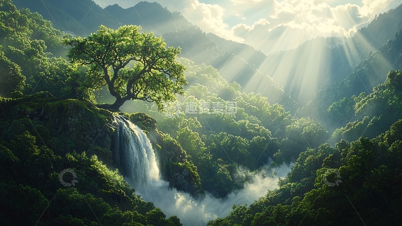 高清大图下载【趣麦麦图】绿树掩映下的瀑布山涧