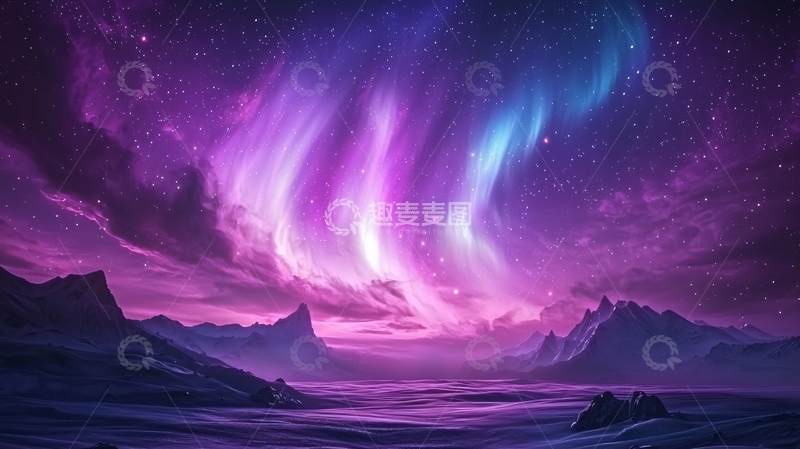 高清大图下载【趣麦麦图】紫色极光下的山脉