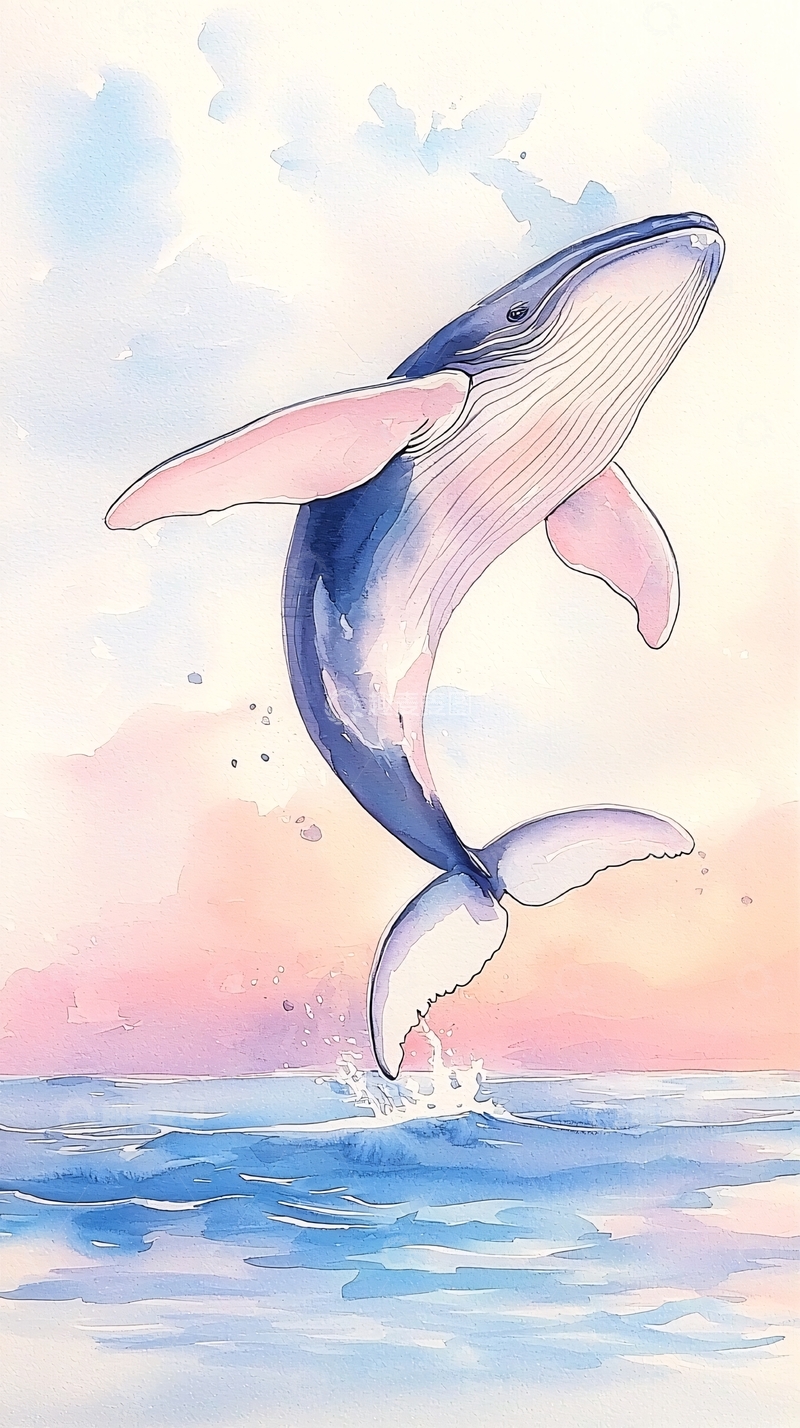 高清大图下载【趣麦麦图】跃出水面的鲸鱼水彩画