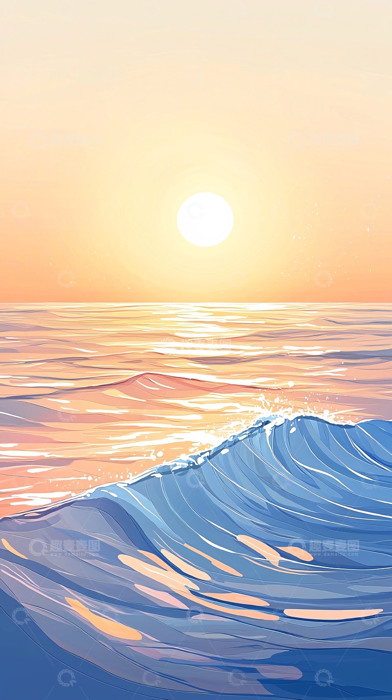 高清大图下载【趣麦麦图】唯美日落海景插画