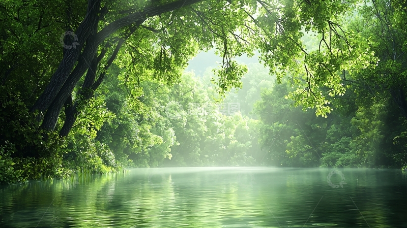 高清大图下载【趣麦麦图】绿树成荫的水面宁静光辉