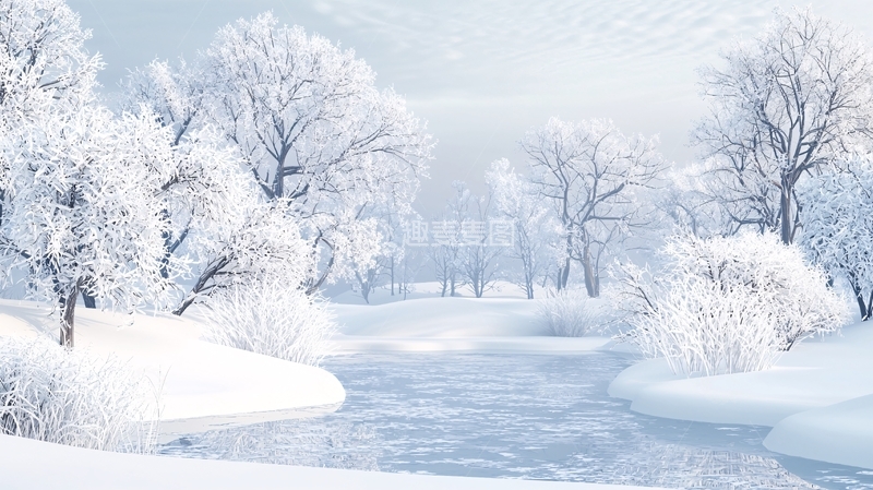 高清大图下载【趣麦麦图】雪后河流两岸树木