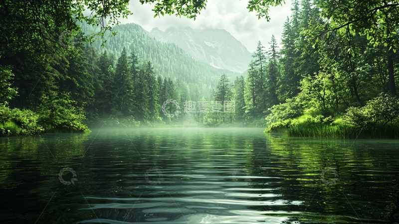 高清大图下载【趣麦麦图】平静湖面森林山峦风景
