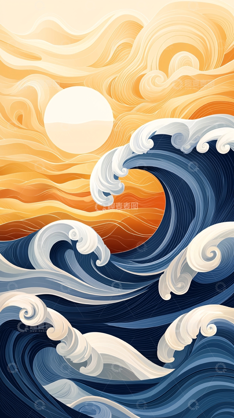 高清大图下载【趣麦麦图】蓝色海浪夕阳天空的唯美图片