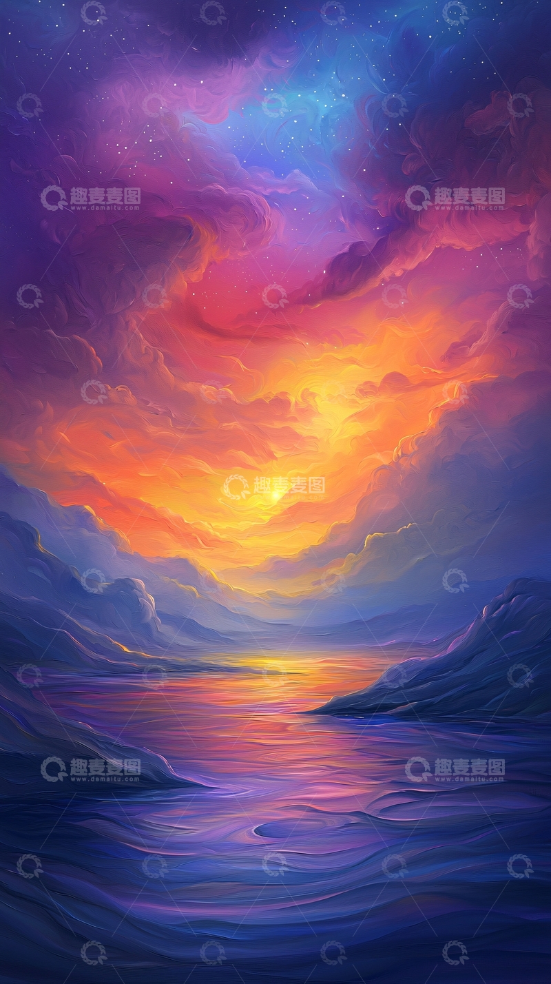 高清大图下载【趣麦麦图】绚丽天空水面油画风格