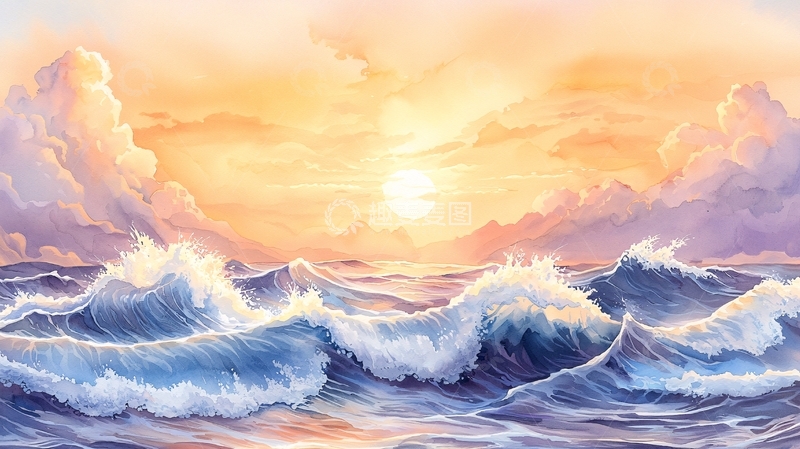 高清大图下载【趣麦麦图】波涛汹涌的日出海面