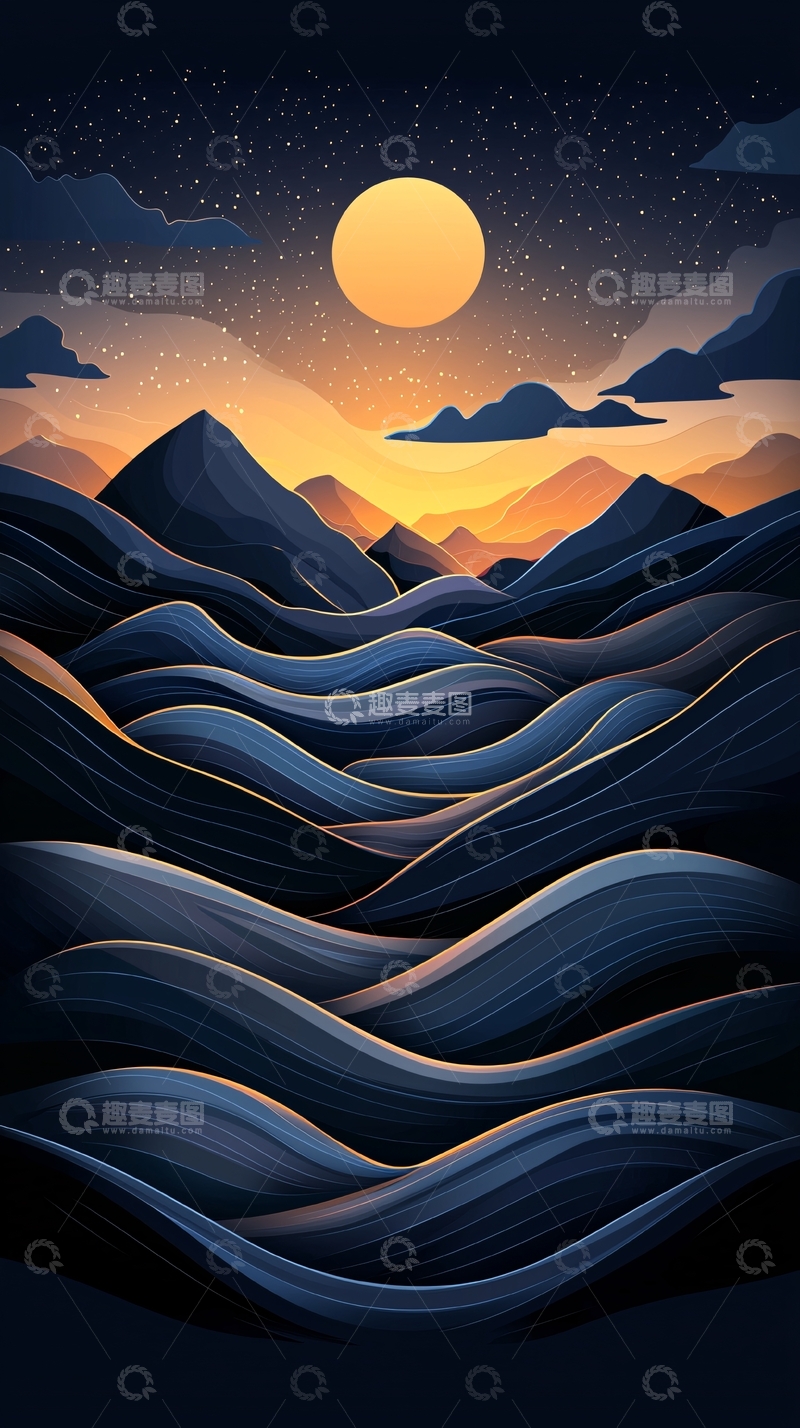 高清大图下载【趣麦麦图】夜空下的山峦与月亮