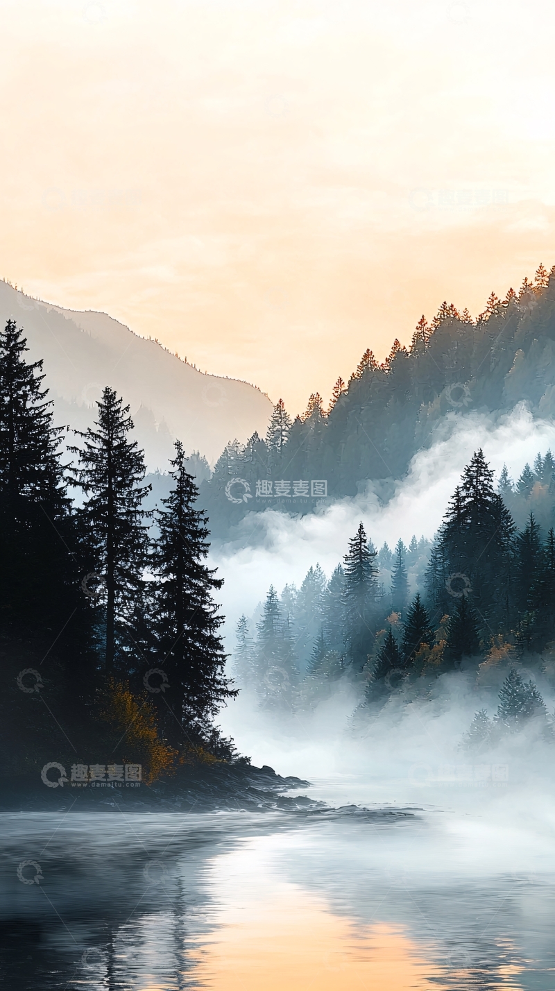 高清大图下载【趣麦麦图】雾气缭绕的山林湖泊