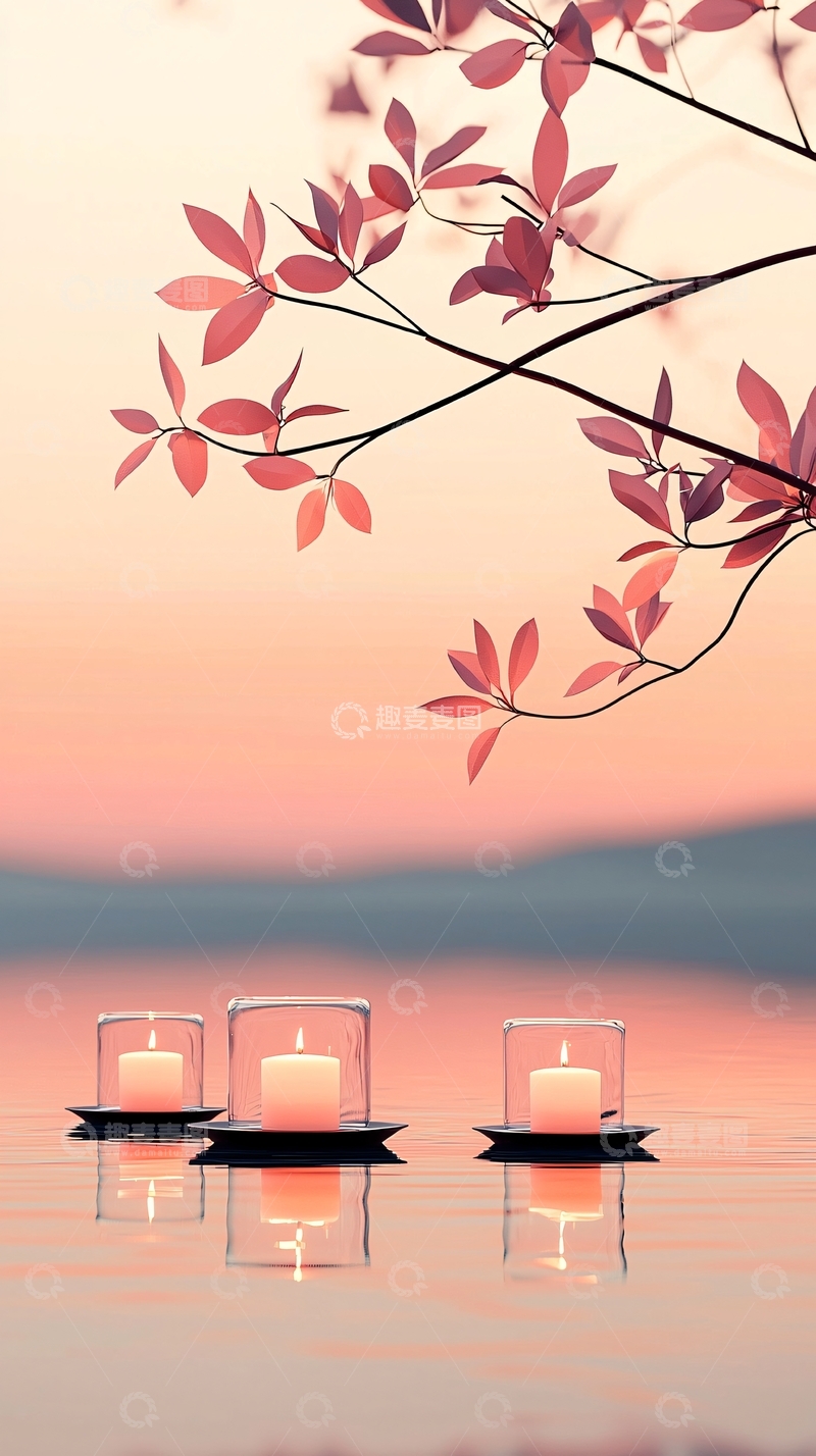 高清大图下载【趣麦麦图】粉色天空下的水面蜡烛