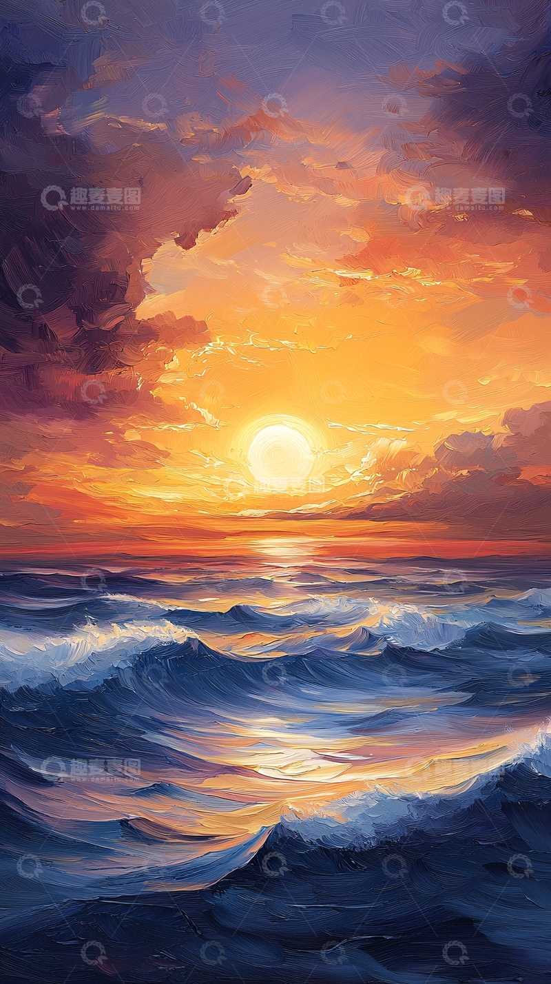 高清大图下载【趣麦麦图】海面日出油画风