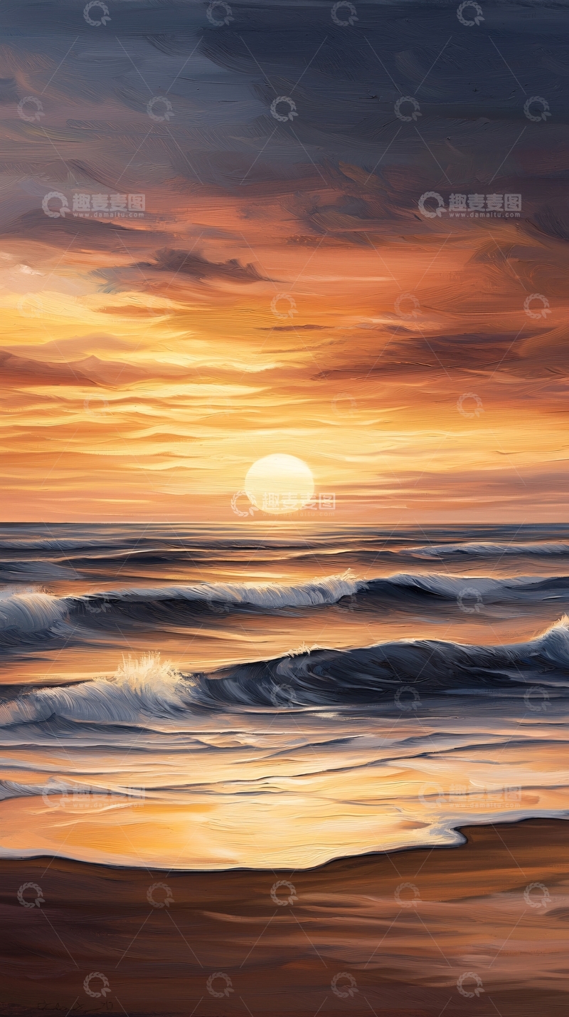 高清大图下载【趣麦麦图】海面日落的油画风格