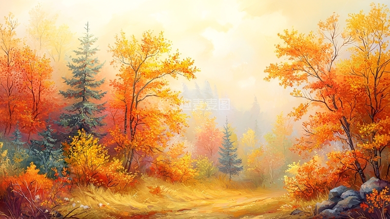 高清大图下载【趣麦麦图】秋季森林美景油画