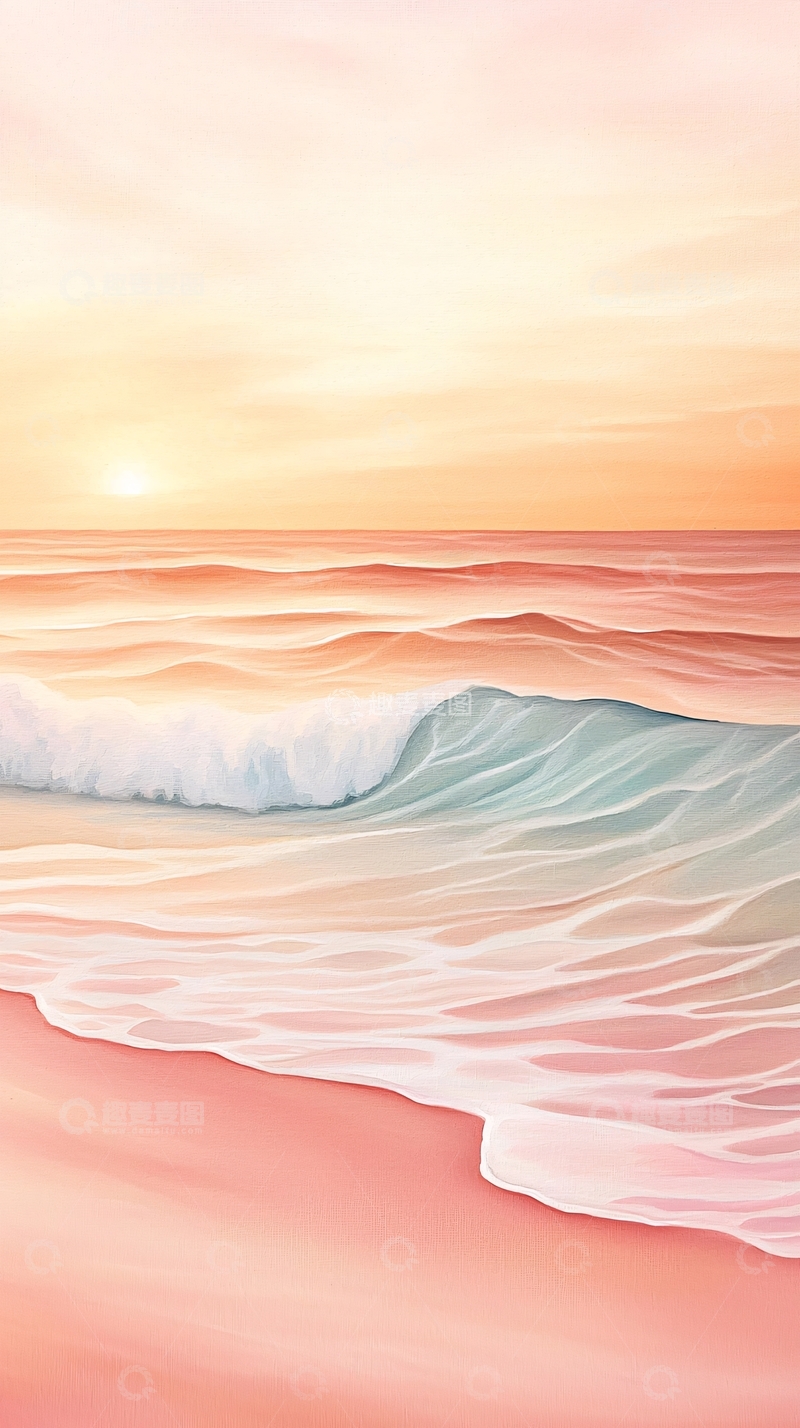 高清大图下载【趣麦麦图】粉色唯美海浪日出