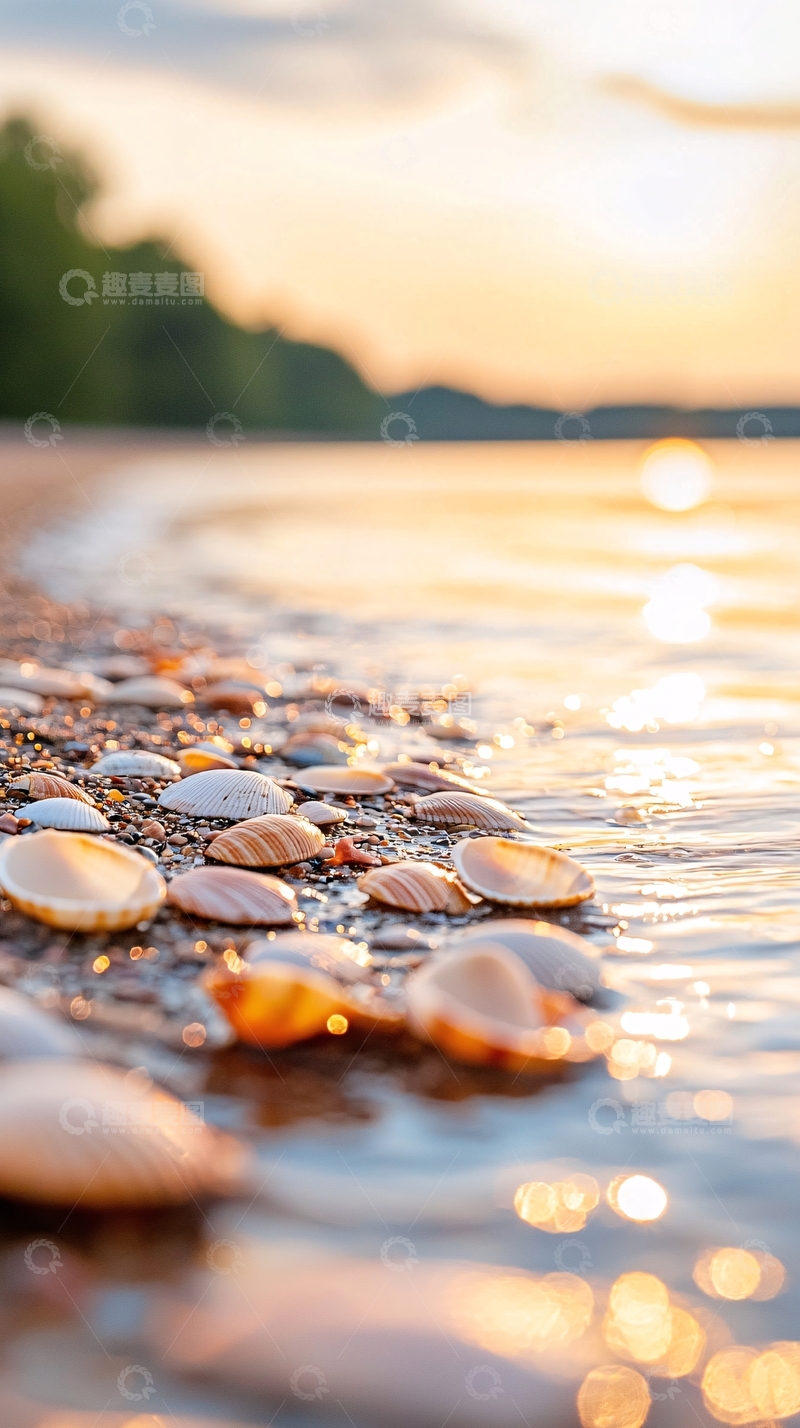 高清大图下载【趣麦麦图】日落海滩上的贝壳