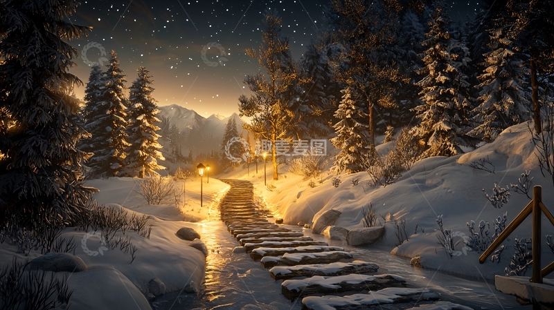 高清大图下载【趣麦麦图】雪夜森林小路
