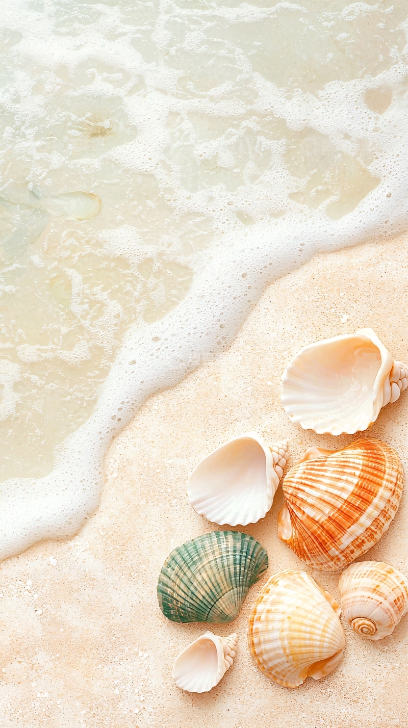 高清大图下载【趣麦麦图】海滩贝壳与浪花