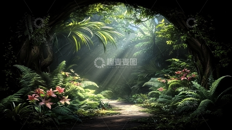 高清大图下载【趣麦麦图】幽暗洞穴中的绿意阳光