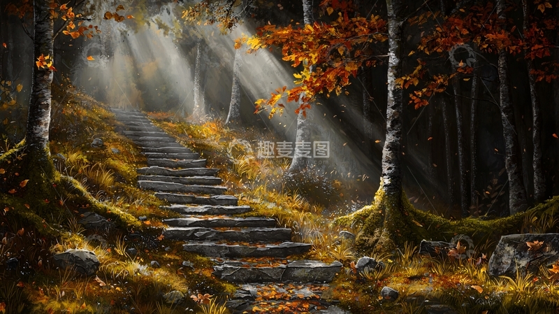 高清大图下载【趣麦麦图】阳光穿过森林中的石阶