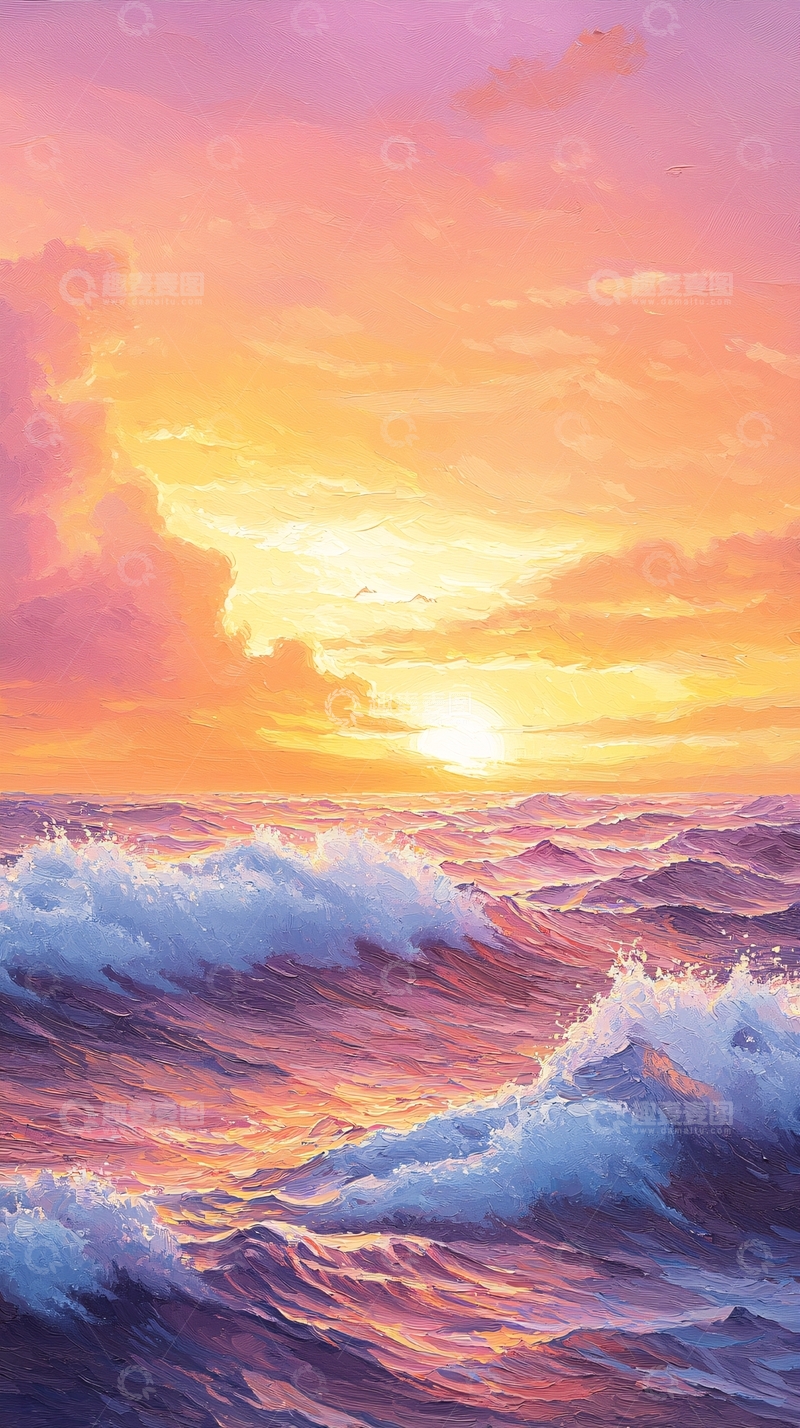 高清大图下载【趣麦麦图】粉色日落海面绘画