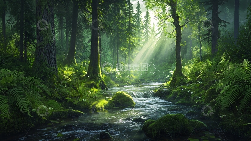 高清大图下载【趣麦麦图】阳光穿过树林的溪流