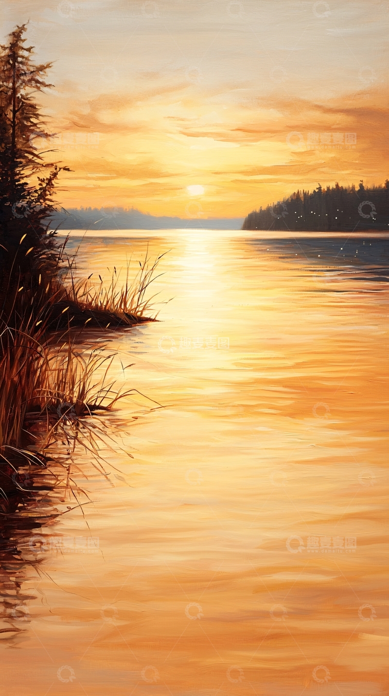 高清大图下载【趣麦麦图】平静湖面夕阳美景