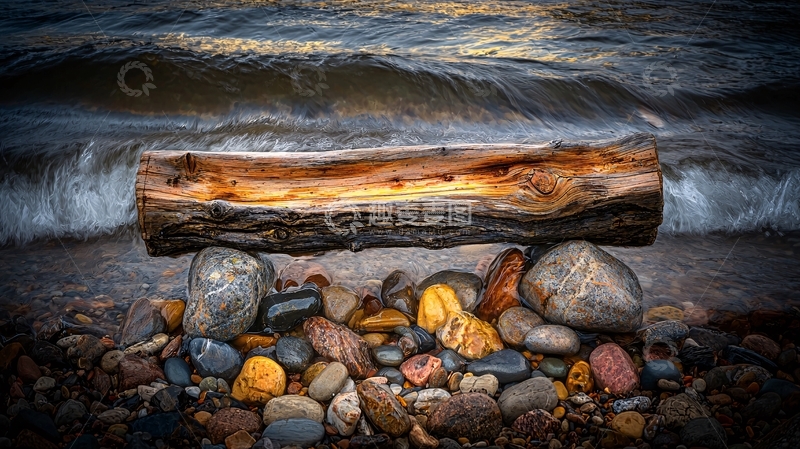 高清大图下载【趣麦麦图】海滩上的木头和石头