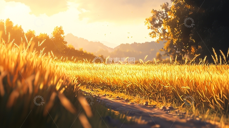 高清大图下载【趣麦麦图】金色的阳光照耀下的田野小路