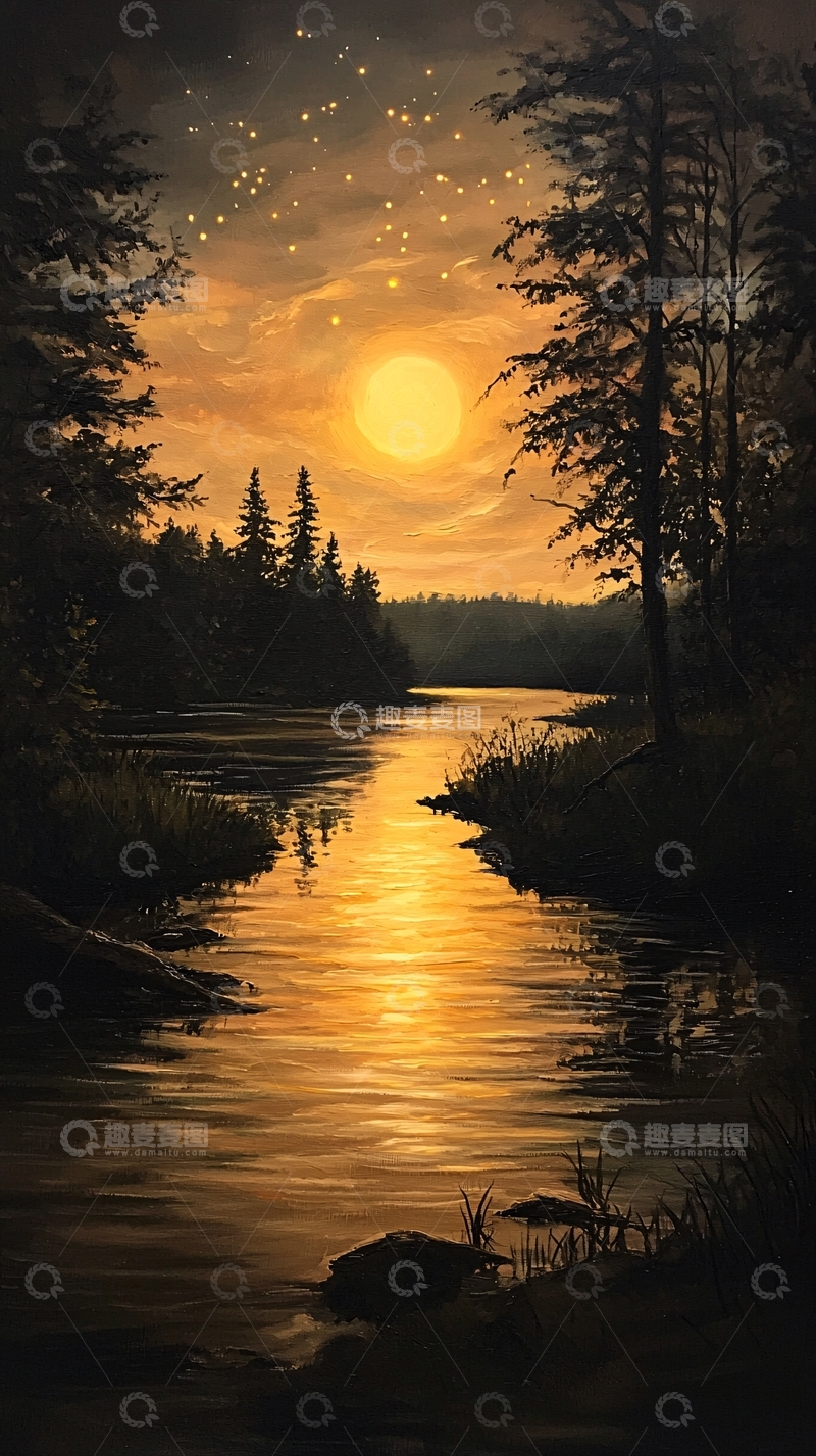 高清大图下载【趣麦麦图】夜间森林河流月亮倒影