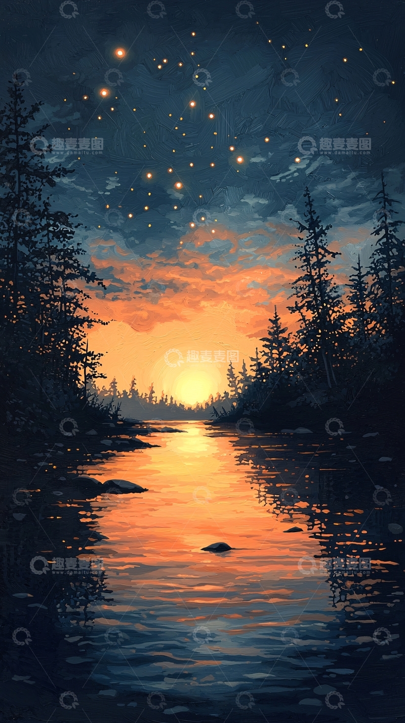 高清大图下载【趣麦麦图】静谧夜空下的河流日落