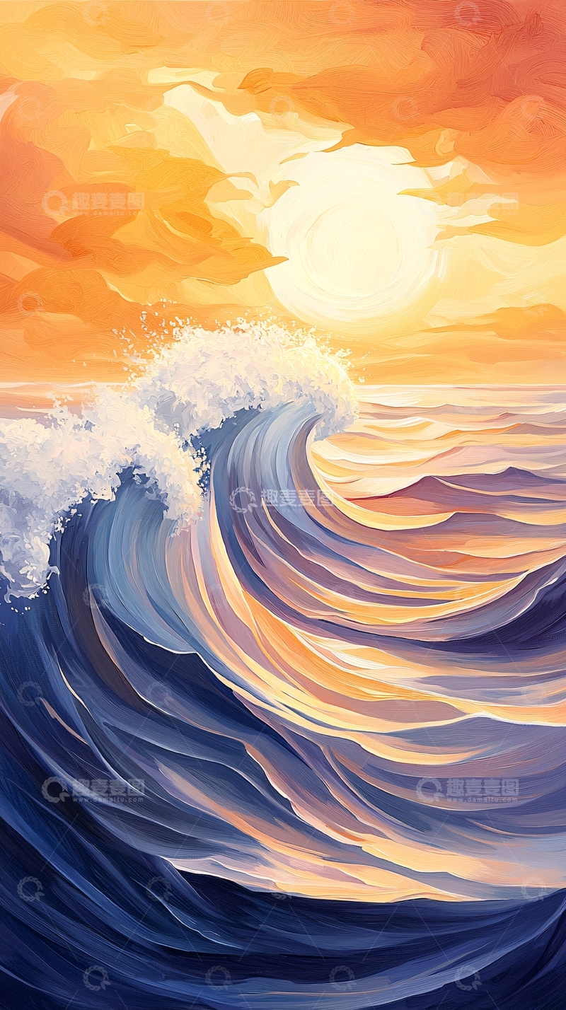 高清大图下载【趣麦麦图】海浪夕阳唯美油画