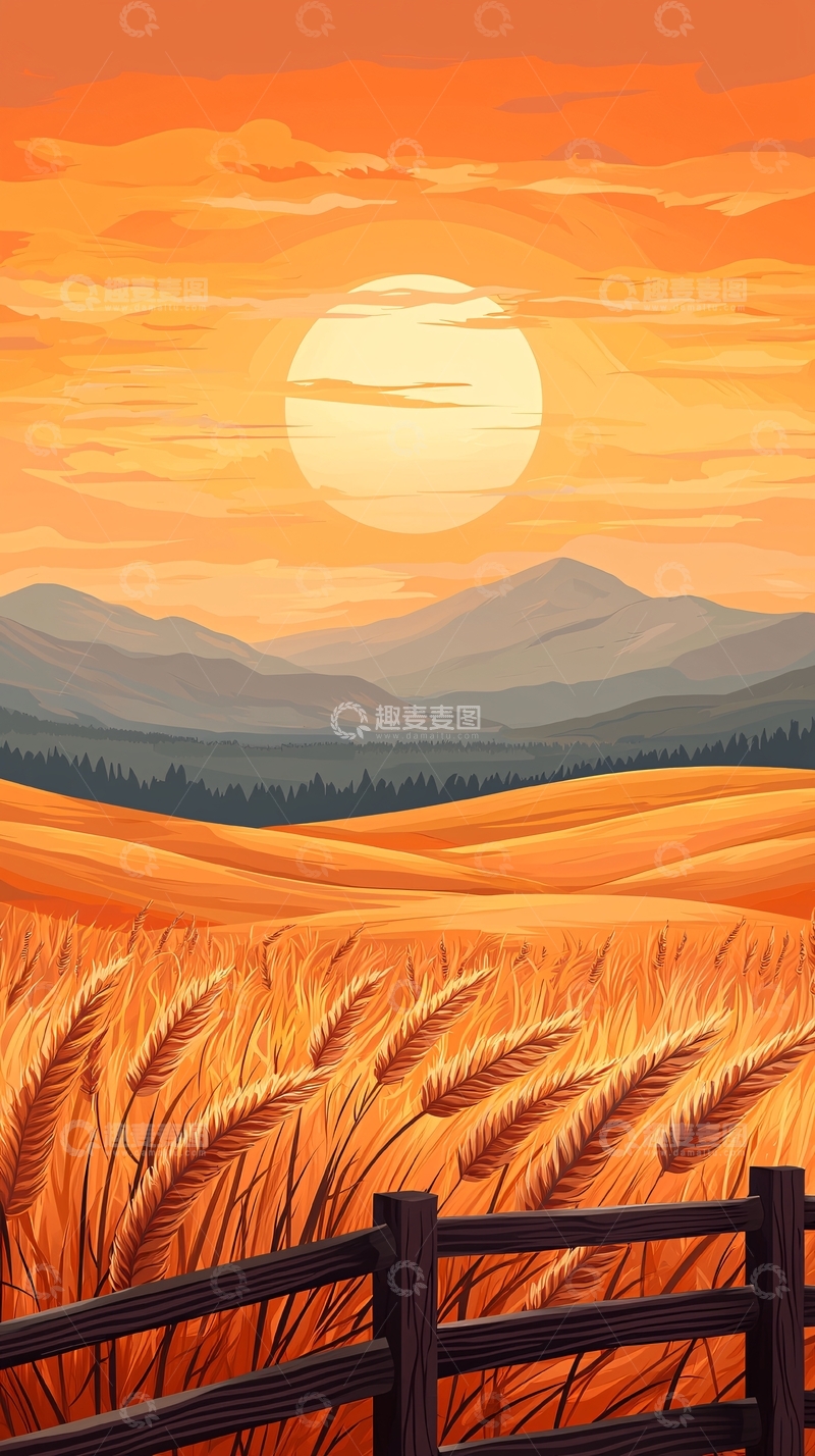 高清大图下载【趣麦麦图】金色麦田日落景观