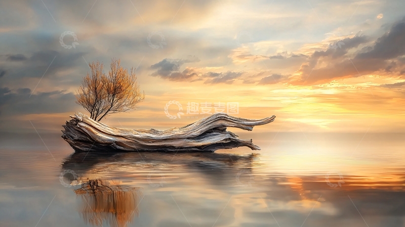 高清大图下载【趣麦麦图】水面漂浮枯木夕阳