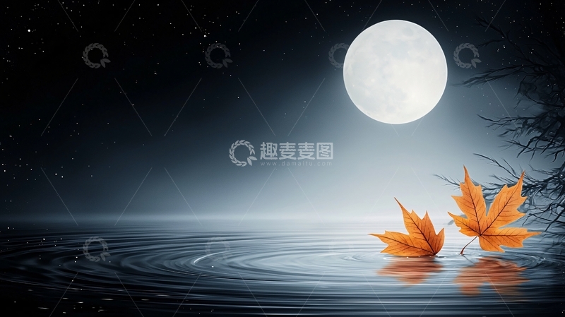 高清大图下载【趣麦麦图】水中明月秋叶唯美