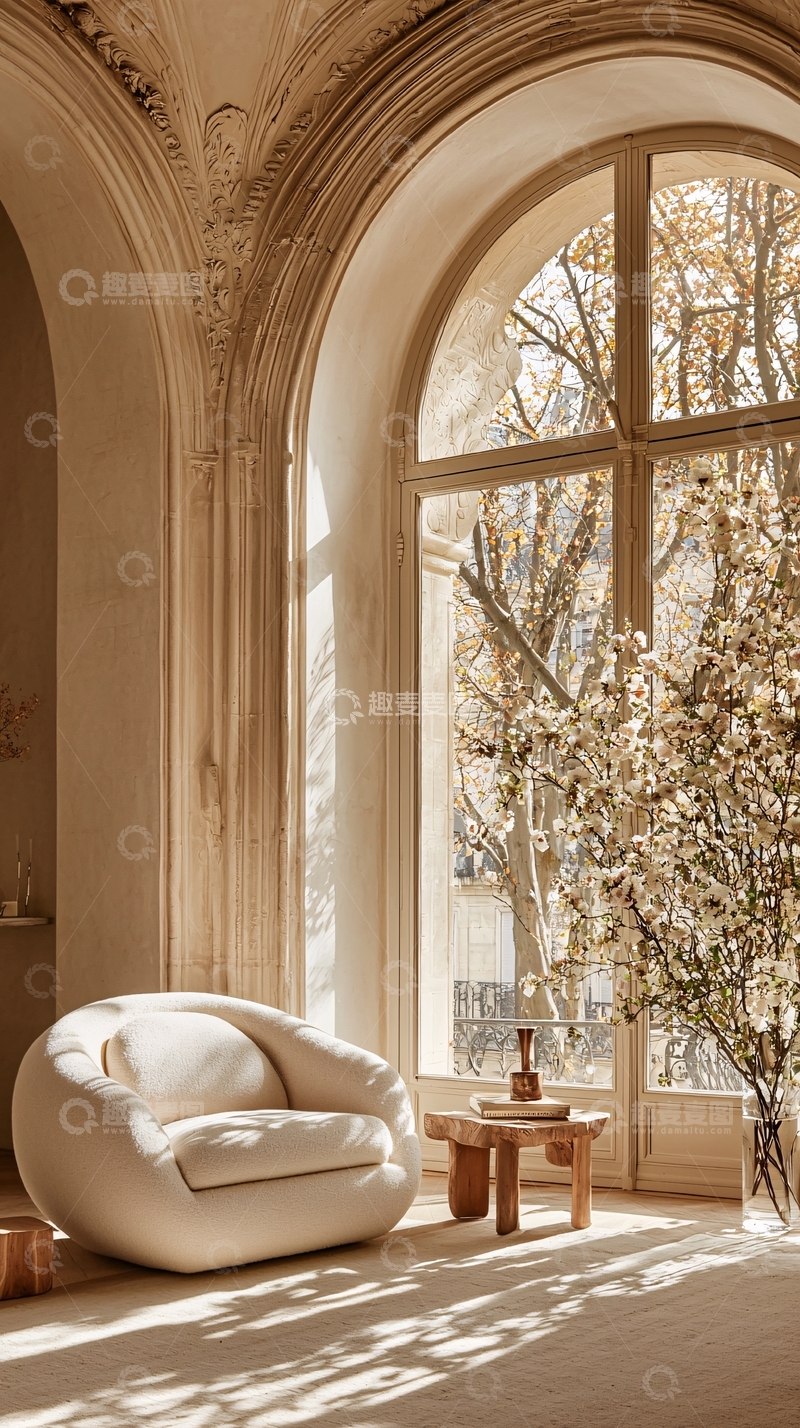 高清大图下载【趣麦麦图】拱形窗边的米色沙发