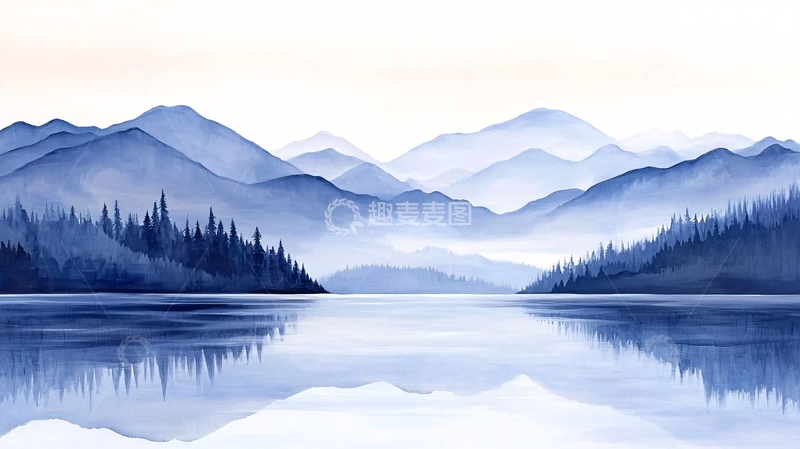 高清大图下载【趣麦麦图】水墨风格的朦胧蓝山水