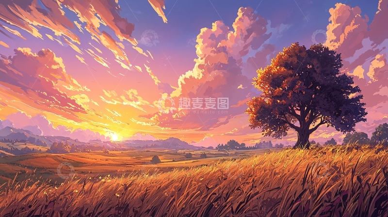 高清大图下载【趣麦麦图】日落时分的金色田野