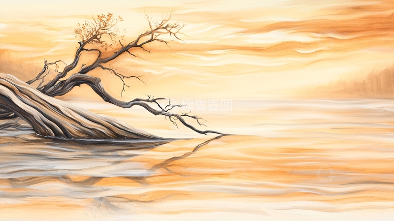 高清大图下载【趣麦麦图】湖面枯树倒影黄昏意境
