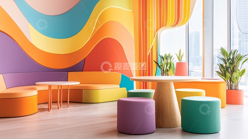 高清大图下载【趣麦麦图】彩色波浪墙面室内设计