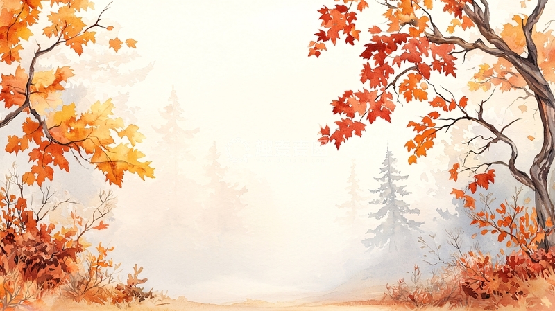 高清大图下载【趣麦麦图】秋天树林水彩画