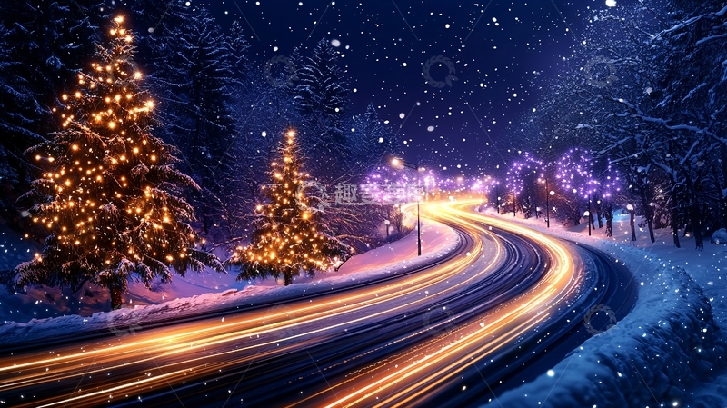 高清大图下载【趣麦麦图】夜晚公路旁的圣诞树