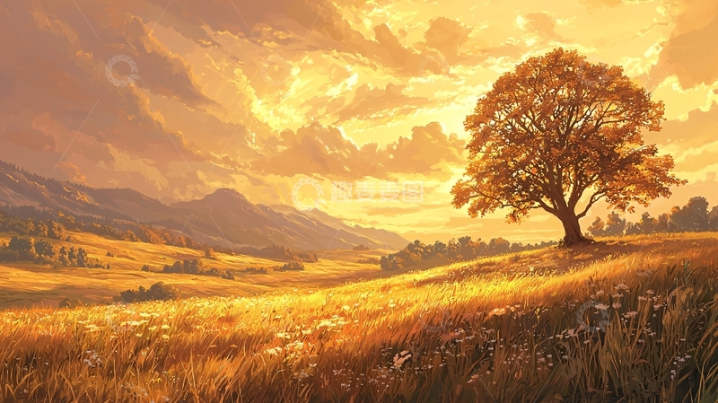 高清大图下载【趣麦麦图】金色田野中的孤树