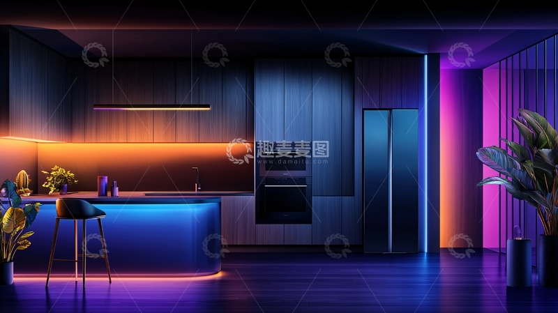 高清大图下载【趣麦麦图】霓虹灯光下的现代厨房