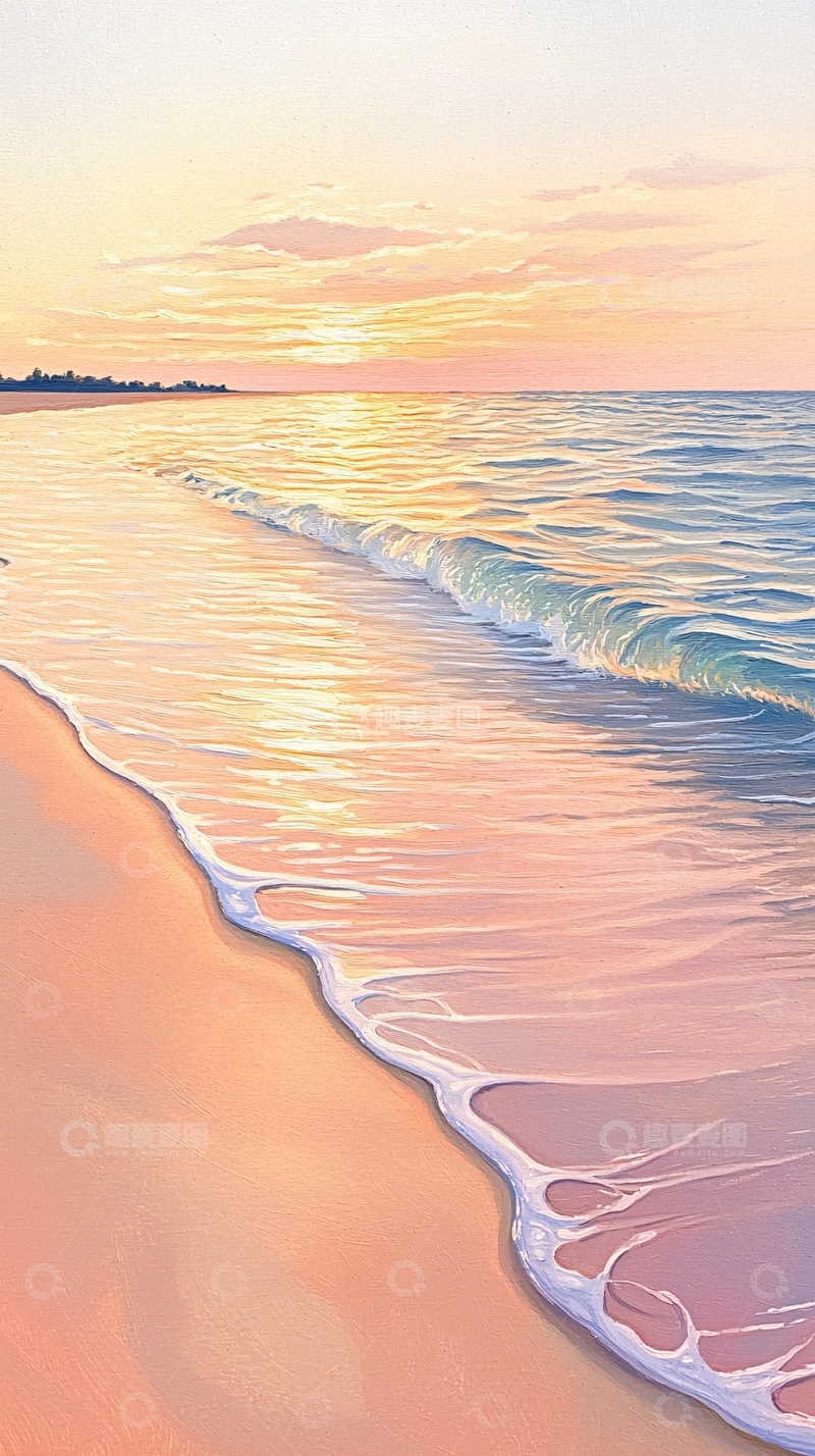 高清大图下载【趣麦麦图】粉色夕阳下的海滩