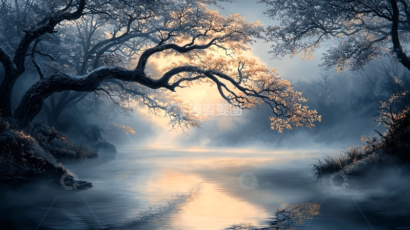 高清大图下载【趣麦麦图】水边树木笼罩在薄雾中