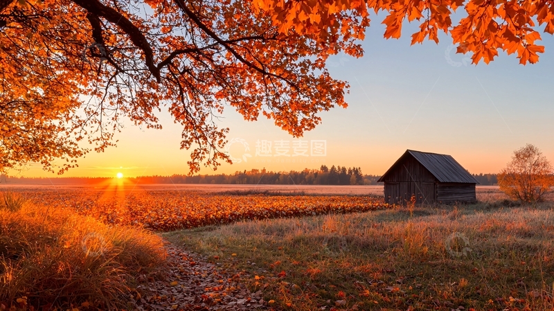 高清大图下载【趣麦麦图】秋日夕阳下的乡村小屋