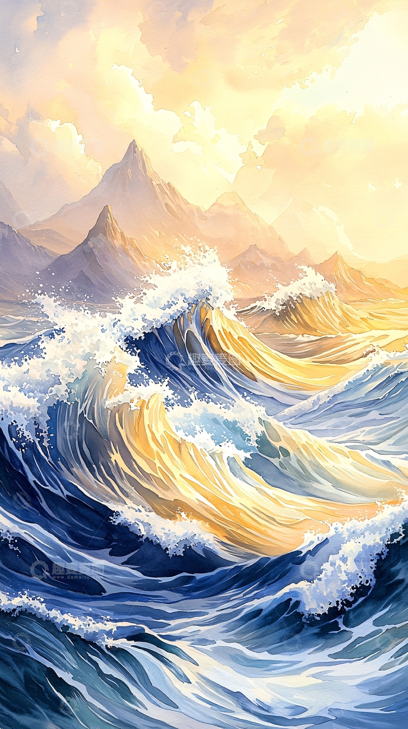 高清大图下载【趣麦麦图】波涛汹涌的海浪与山峰
