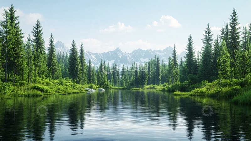 高清大图下载【趣麦麦图】森林湖泊山脉的宁静美景