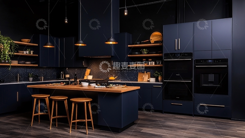 高清大图下载【趣麦麦图】深蓝色调的现代厨房