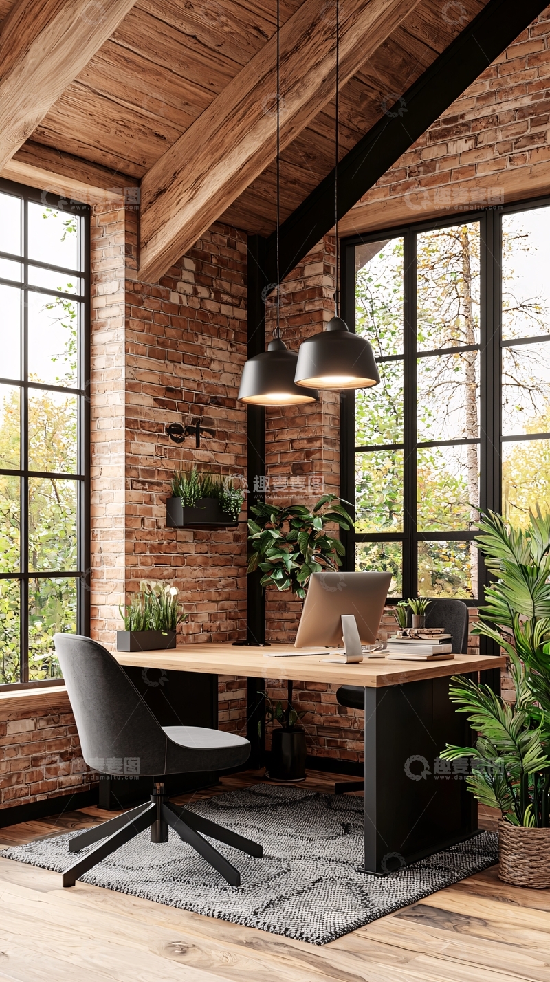 高清大图下载【趣麦麦图】带大窗的复古书房