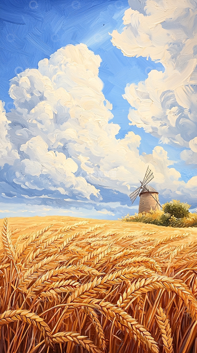 高清大图下载【趣麦麦图】金黄麦田下的风车
